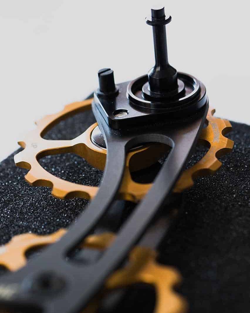 Close up of a Cycling Ceramic upper pulley of an oversized derailleur cage